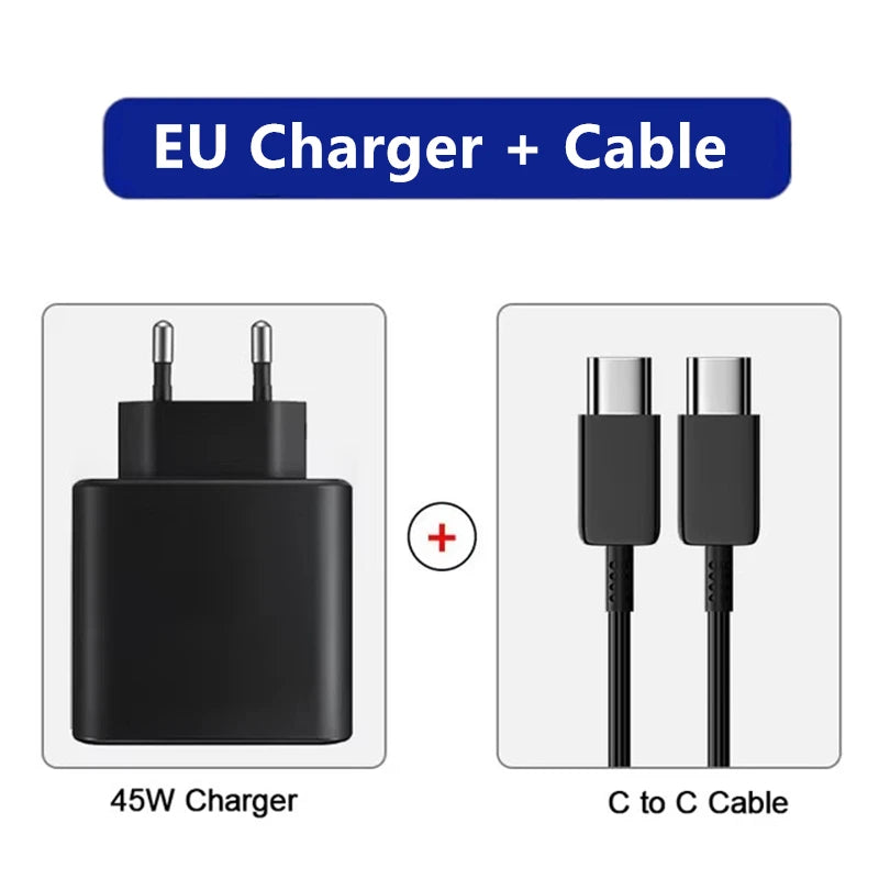 45W PD USB-C Fast Charger for Samsung S20 S21 FE S22 S23 S24 Note 20 A14 A15 A25 A53 A54 Dual Type C Super Quick Charge 5A Cable