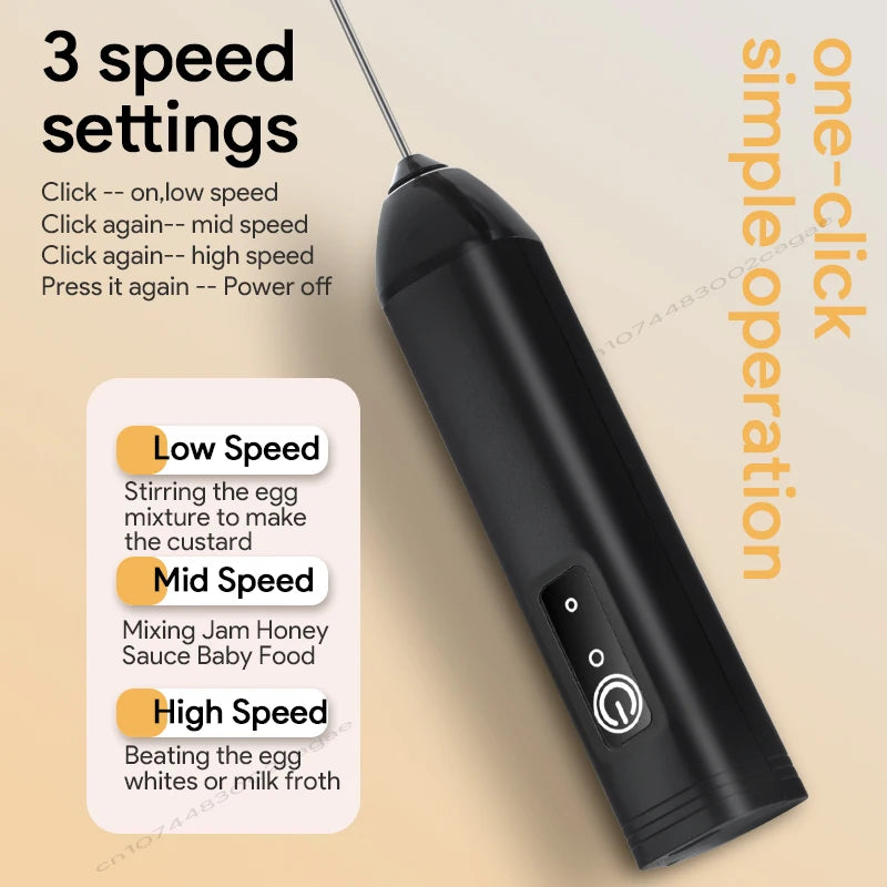 HOT Electric Milk Frother + Egg Beater Wireless Type-C Charging 3 Speeds Mini Handheld Foam Maker Coffee Whisk Cooking Tools