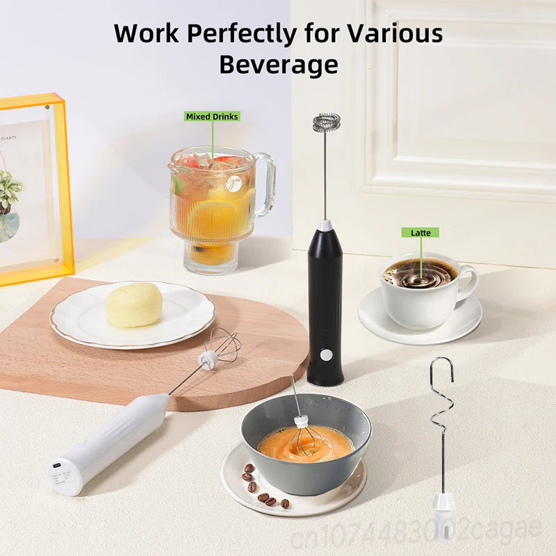HOT Electric Milk Frother + Egg Beater Wireless Type-C Charging 3 Speeds Mini Handheld Foam Maker Coffee Whisk Cooking Tools