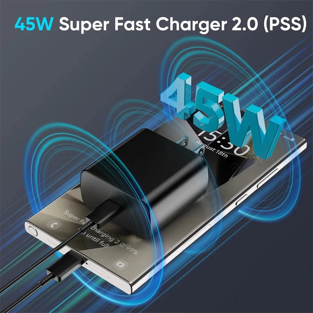 45W PD USB-C Fast Charger for Samsung S20 S21 FE S22 S23 S24 Note 20 A14 A15 A25 A53 A54 Dual Type C Super Quick Charge 5A Cable